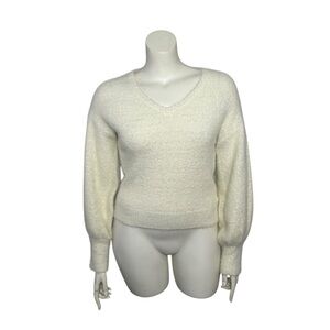 Marled Cream Sweater Large Pullover V N Neck Fuzzy Cozy Off White Top Soft